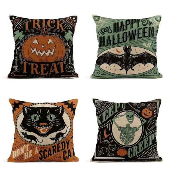 4 Retro Style Halloween Linen Pillow Covers 18x18 Cat Pumpkin Skeleton Bat Decor - Picture 12 of 16